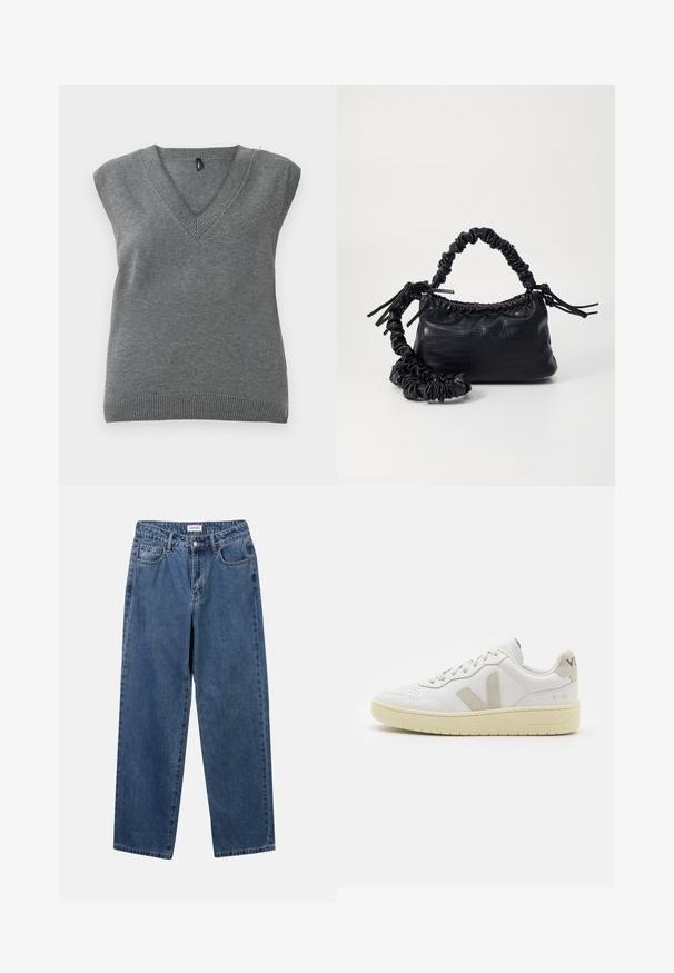 Ärmellose graue Strickweste mit V-Ausschnitt und gerippten Kanten, flach auf einem hellen Hintergrund präsentiert.; Klassische blaue Denim-Jeans mit geradem Bein, fünf Taschen und Knopfverschluss. Sie verfügen über eine mittelblau gewaschene Optik und sind aus robuster Textur.; Weiße Ledersneaker mit beigen Wildlederakzenten, perforierte Zehenbox, flache Schnürsenkel und eine strukturierte cremefarbene Sohle. Mit dezentem Branding an der Ferse.; Schwarze Handtasche aus Kunstleder mit Krokodilstruktur, gerafftem oberen Teil und einem geschoppten Tragegurt. Sie wirkt weich und kompakt im Design.