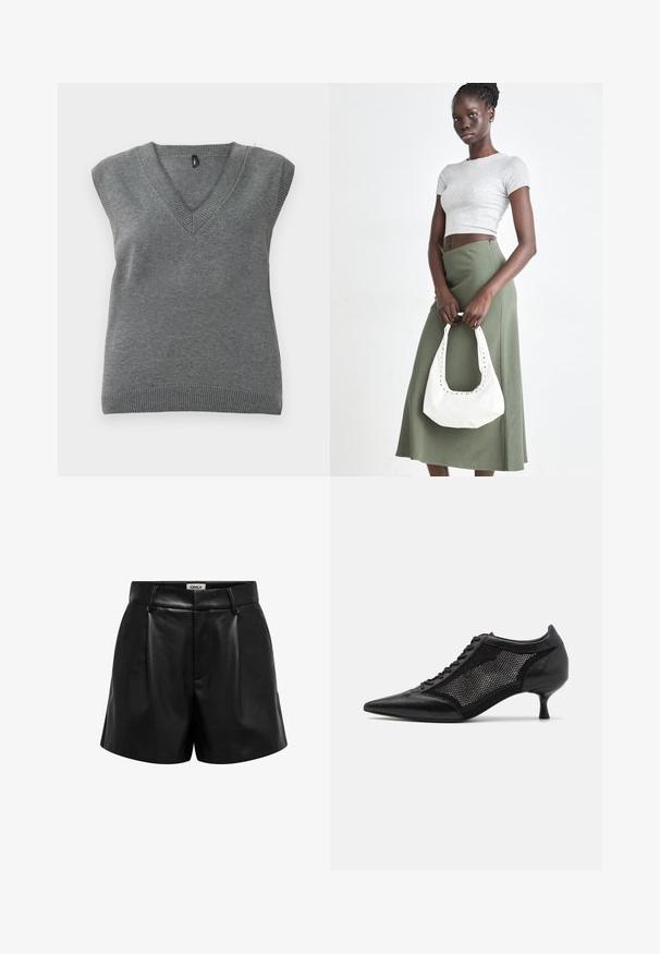 Gilet sans manches en tricot gris avec col en V et bords côtelés, présenté à plat sur un fond clair.; Shorts taille haute en simili cuir noir avec passants de ceinture, plis à l'avant et fermeture éclair dissimulée, étiquetés "ONLY" à l'intérieur de la ceinture.; Chaussure noire à bout pointu avec un design en panneau en maille, présentant un petit talon et un laçage à l'avant. Fabriquée à partir d'une combinaison de cuir et de matériau en maille.; Top court rayé gris et jupe taille haute verte olive. Le mannequin tient un sac à bandoulière blanc avec des découpes. Design simple, silhouette ajustée.