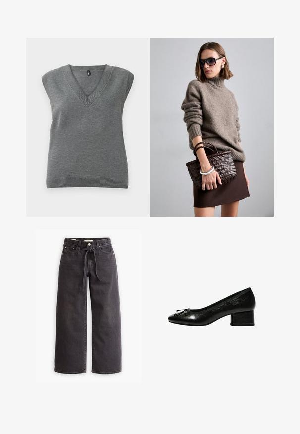 Mouwloze grijze gebreide sweater vest met V-hals en ribbelranden, plat weergegeven tegen een lichte achtergrond.; Zwarte wijde denim jeans met een trekkoord in de taille, vijf zakken en contrasterende stiksels. Platte voorkant.; Zwarte gepatineerde leren pump met een ronde neus, kleine blokhak en strikaccent aan de voorkant. Soepele textuur met een glanzende afwerking.; DRAGON DIFFUSION MINI FLAT GORA - Handtas - dark brown