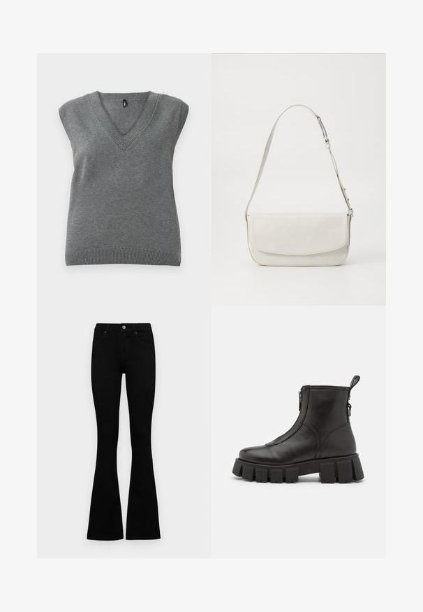 Ujjatlan szürke kötött pulóveres mellény V-nyakkal és bordázott szegéllyel, világos háttér előtt laposan elhelyezve.; Fekete, magas derekú farmernadrág gomb- és cipzárzárral, elülső zsebekkel és harangszárral, laposan egy fehér háttérre terítve.; Fekete bőr bokacsizma vastag, bordázott talppal, oldalsó cipzárral és hátsó húzófüllel. Simább felület és letisztult dizájn.; Fehér bőr válltáska sima felülettel, téglalap alakú, fedeles záródással és állítható pánttal. Egyszerű varrási részletek.