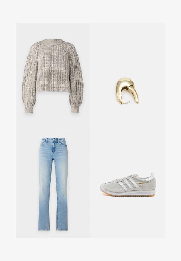 Wrangler Maglione - oatmeal; Jeans in denim azzurro chiaro con vita alta, vestibilità dritta e un leggero sbiadimento. Presentano cinque tasche e passanti per cintura.; Sneaker grigio chiaro realizzato in suede e rete, con tre strisce bianche, punta arrotondata e suola in gomma color caramello. Accento del logo dorato vicino ai lacci.; Orecchino in metallo color oro con un design elegante e curvo. Presenta una forma appuntita distintiva, superficie lucida e chiusura a cerniera.