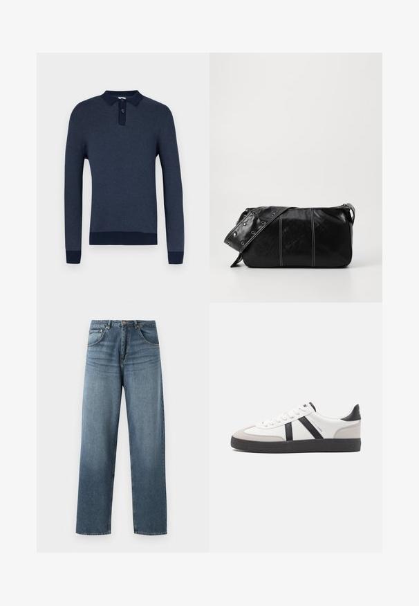 Granatowa koszulka polo z długim rękawem, wykonana z teksturowanego dzianiny, z plisą na trzy guziki oraz kontrastującymi ciemnoniebieskimi prążkowanymi mankietami i dołem.; Proste niebieskie dżinsy o wypłukanym kolorze, z pięcioma kieszeniami, metalowym guzikiem i szlufkami na pasek. Strukturalny, średniej gramatury materiał.; Białe sneakersy z czarnymi i szarymi akcentami, z teksturowanym szarym czubkiem, czarną gumową podeszwą i płaskimi białymi sznurowadłami. Czysty design, minimalistyczny styl.; Czarna skórzana torba na ramię z zamkiem błyskawicznym, charakteryzująca się teksturowanym korpusem, białymi przeszyciami oraz paskiem z srebrnymi osłonkami.