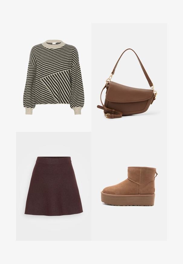 Maglione a righe nere e crema con scollo rotondo e maniche a palloncino. Presenta angoli di strisce variabili e una morbida texture in maglia.; Gonna a maglia bordeaux con design svasato, cintura larga e texture liscia, caratterizzata da un colore solido senza fantasie o accenti.; Stivale alla caviglia in suede beige con suola platform, punta rotonda e dettagli di cucitura; presenta un inserto sul retro per una facile calzata.; Borsa a spalla in pelle marrone con finitura testurizzata, forma curva, hardware dorato, tracolla regolabile e chiusura a patta.