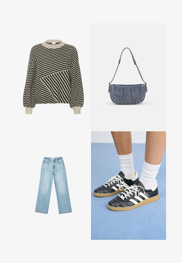 Mustat ja kermavalkoiset raidalliset neuleet, jossa on pyöreä kaula-aukko ja kuplamaiset hihat. Sisältää erilaisia raitakulmia ja pehmeän neulepinnan.; Vaaleansiniset leveälahkeiset farkut korkealla vyötäröllä, joissa on haalistunut pesu ja pieniä, satunnaisia kulumisia ympäriinsä.; Mustat nahkasneakerit valkoisilla raidoilla, pyöreä kärki, valkoiset nauhat ja kumipohja. Korostaa pehmustettua kaulusta ja brändäysohjeita.; Denim olkanauha, jossa on poimutettu muotoilu, sininen väri, hopeiset niittiakcentit reunoilla ja teksturoitu hihna.