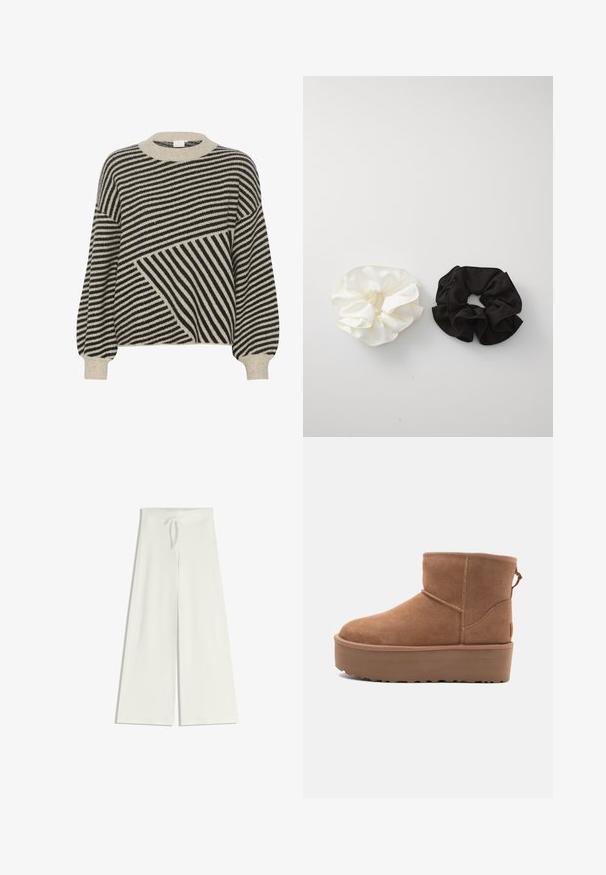 Čierny a krémový pruhovaný sveter s okrúhlym výstrihom a balónovými rukávmi. Obsahuje rôzne uhly pruhov a mäkkú pletenú textúru.; Široké biele nohavice vyrobené z mäkkej pleteniny, s elastickým pásom a šnúrkou pre nastaviteľné prispôsobenie. Hladká textúra, bez vzorov.; Hnedé semišové členkové čižmy s platformou, okrúhlou špičkou a zdobením stehov; majú slučku zozadu pre jednoduché obúvanie.; Dva saténové gumičky do vlasov, jedna biela a jedna čierna, s volánovým dizajnom a hladkým povrchom, vystavené na jednoduchom bielom pozadí.
