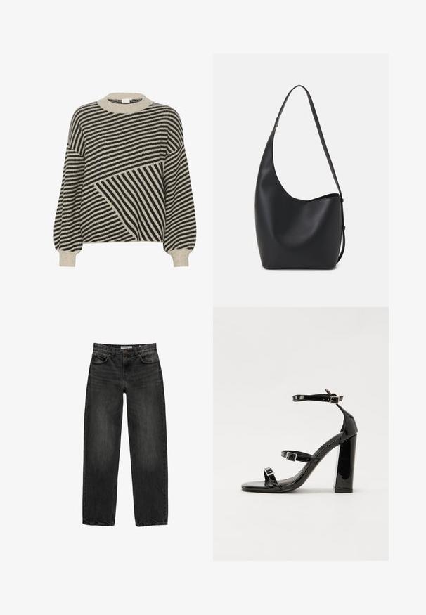 Črna in kremno prugasta pulover s krožnim ovratnikom in balonskimi rokavi. Ima različne kote prug in mehak pleten material.; Črne jeans hlače s sproščenim krojem, ravnimi nogavicami, petimi žepi in rahlo zbledelim videzom. Zapenjanje na gumb in zadrgo spredaj.; Črne lakirane sandale s peto, kvadratnim prstom, trakovi okrog gležnja in srebrnimi zaponkami. Opremljene so s stabilno Debelo peto.; Črna usnjena hobo torba z gladko teksturo, ukrivljeno obliko in eno nastavljivo naramnico; ima širok odprtina na vrhu.