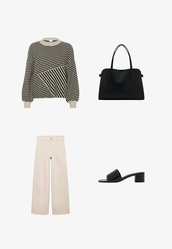 Mustat ja kermavalkoiset raidalliset neuleet, jossa on pyöreä kaula-aukko ja kuplamaiset hihat. Sisältää erilaisia raitakulmia ja pehmeän neulepinnan.; Beige leveleet jeansit, joissa on korkea vyötärö, napitus, etutaskut ja risat helmat. Valmistettu denim-kankaasta.; Mustat nahkaiset avonkorkoiset liukusandaalit leveällä hihnalla ja tukevalla lohkokannan. Ominaisuuksiin kuuluu sileä pinta ja minimalismia korostava muotoilu.; Mustavihreä nahkalaukku, jossa on kaksinkertaiset olkahihnat, suorakaiteen muotoinen ja minimalistinen muotoilu valkoisella taustalla.