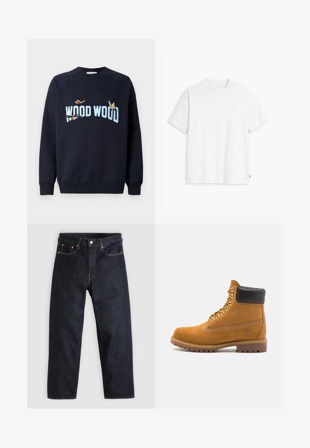 Kara zila sporta krekls ar apaļu kakla izgriezumu un raglanu piedurknēm. Rotāts ar izšūtiem tauriņiem un gaiši zilu tekstu "WOOD WOOD".; Balts kokvilnas T-krekls ar īsām piedurknēm un apaļu kakla izgriezumu, priekšpusē redzama smalka gaišas krāsas "Levi's" logo.; Tumši zili džinsi ar taisnu piegriezumu, piecām kabatām, kontrastējošiem apelsīnu diegiem un ar pogu aizdari. Nav redzamu rakstu vai rotājumu.; Brūna zamša potīte ar melnu izšuvumu ap kaklu, zelta metāla acu caurumi, balta šuvju apdare un izturīgs gumijas zole ar izteiktu zīmējumu.