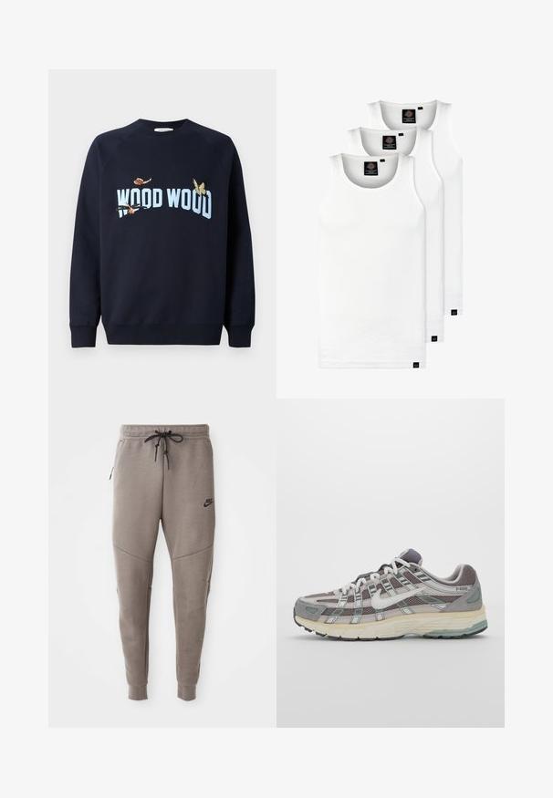 Hanorac bleumarin cu guler rotund și mâneci raglan. Prezintă fluturi brodați și textul "WOOD WOOD" în albastru deschis.; Trei maieuri albe ribbate din bumbac. Au un guler rotund și etichete negre mici lângă tiv. Disponibile în mai multe mărimi.; Pantaloni de trening gri Nike cu un braț de strângere la talie, picioare conice, buzunare laterale și detalii de cusătură distincte. Material moale, texturat.; Pantofii sport gri sunt realizați dintr-un amestec de plasă și piele întoarsă, cu accente albe, o talpă bine îmbrăcată și un design distinctiv cu elemente reflectorizante.