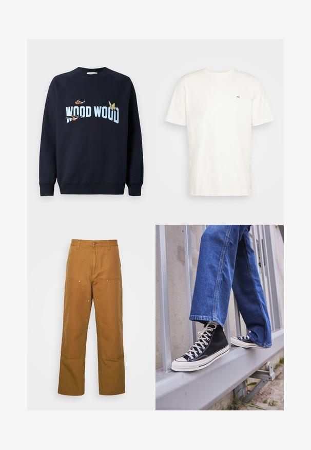 Hanorac bleumarin cu guler rotund și mâneci raglan. Prezintă fluturi brodați și textul "WOOD WOOD" în albastru deschis.; Tricou alb din bumbac cu decolteu rotund, mâneci scurte și un mic logo negru "W.W." pe pieptul stâng. Textură netedă, tăietură regulară.; Pantaloni utilitari din bumbac maro, cu un design drept, având buzunare frontale și accente din metal pentru o durabilitate sporită.; Tenisi negri tip gheată cu talpă și șireturi albe, asortați cu blugi albaștri largi, sprijiniți pe un balustradă gri.