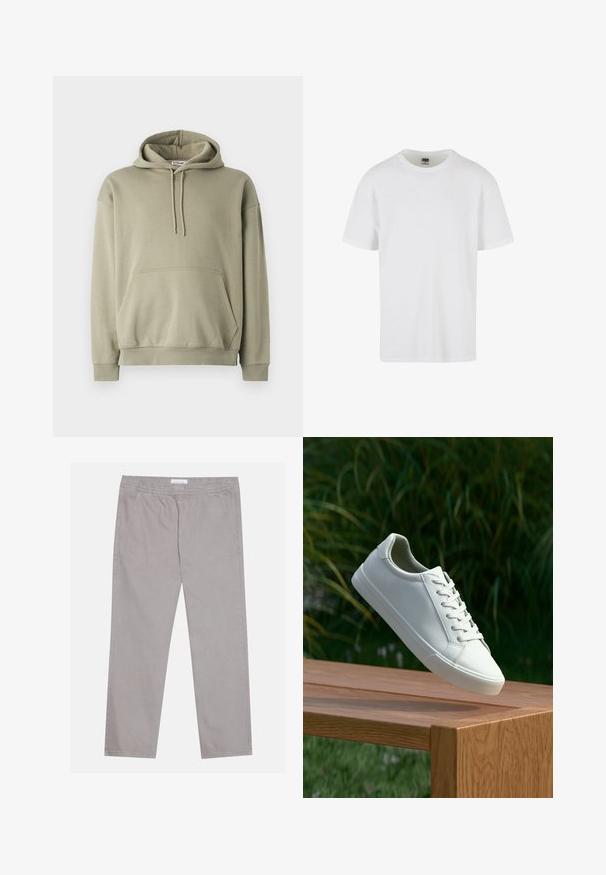 Maslinasto zeleni dukserica od mekog pamuka, s prednjim džepom, kapuljačom sa vezicom i rebrastim rukavima i donjim dijelom. Jednostavan, opušten dizajn.; Bijela majica s kratkim rukavima od teksturiranog pamuka. Ima okrugli izrez i ravni rub. Minimalistički dizajn bez vidljivih logotipa.; Svijetlosive pamučne hlače s elastičnom pojasom, dva bočna džepa, ravni kroj nogavica i glatka tekstura. Jednostavni detalj šivanja.; Bijele tenisice s vezicama lebde iznad drvenih klupa uz pozadinu zelenog lišća, prikazujući dizajn i teksturu obuće.