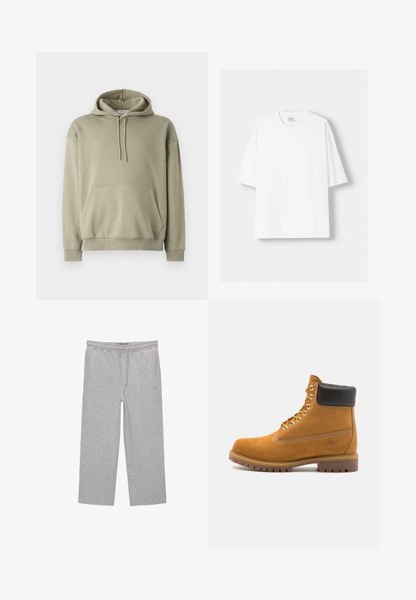 Maslinasto zeleni dukserica od mekog pamuka, s prednjim džepom, kapuljačom sa vezicom i rebrastim rukavima i donjim dijelom. Jednostavan, opušten dizajn.; Bijela kratkodlana majica s kratkim rukavima, izrađena od pamuka, s okruglim izrezom i opuštenim krojem. Gladak materijal, bez vidljivih uzoraka ili akcenta.; Sive cotton hlače za opuštanje s elastičnim pojasom, vezicom i dva bočna džepa; ravni kroj, mekana tekstura, bez uzoraka.; Antracitne antilop čizme do gležnjeva s crnim podstavljenim ovratnikom, zlatnim metalnim rupicama, bijelim šavovima i robusnom gumenom potplatom s izraženim šarama.