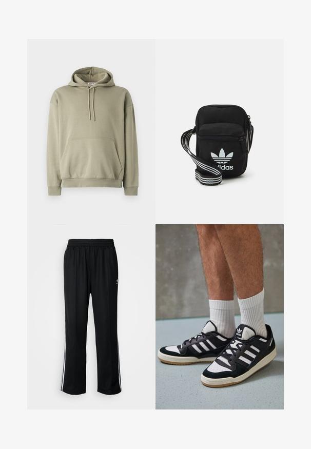 Olivově zelená mikina s kapucí vyrobená z měkké bavlněné směsi, má přední kapsu, kapuci se stahovací šňůrkou a žebrované manžety a lem. Jednoduchý, uvolněný design.; Černé sportovní kalhoty s elastickým pasem, s bílými bočními pruhy a malým logem. Materiál vypadá měkce a lehce.; Černobílé tenisky s vrchní částí z semišové a kožené kůže, včetně tří bílých pruhů, perforovaného špičky a podrážky z gumy.; Černá crossbody taška z látky se zipovým uzávěrem, obsahující bílé logo Adidas a pruhovaný nastavitelný popruh pro snadné nošení.