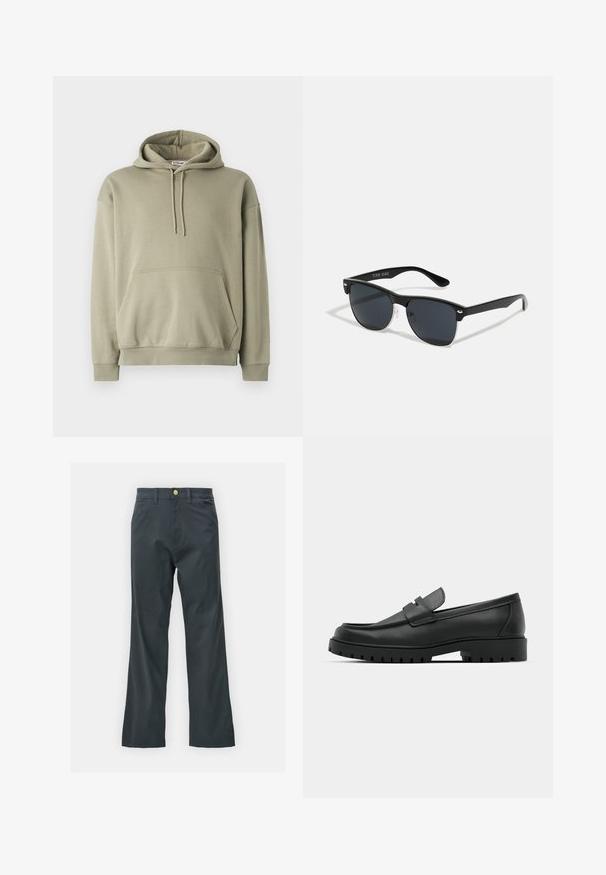 Hanorac verde măsliniu, fabricat dintr-un amestec moale de bumbac, cu buzunar frontal, glugă cu șnururi și manșete și tiv rib. Design simplu și relaxat.; Pantaloni negri cu croi drept, confecționați dintr-un material din bumbac. Dispun de un închidere cu nasture metalic și buzunare laterale. Fără modele vizibile.; Mocasini din piele neagră cu vârful rotunjit, având un design cusut, talpă joasă și o talpă din cauciuc texturat, cu crampoane.; Ochelari de soare negri cu o formă rectangulară, lentile întunecate, accente argintii la tâmple și un finisaj mat pe cadru.