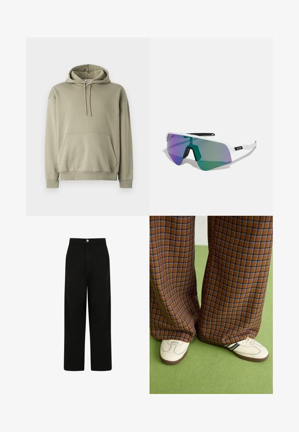 Oliivinvihreä huppari, joka on valmistettu pehmeästä puuvillasekoitteesta. Siinä on etutasku, nauhakuomu ja ribattu hiha- ja helmareuna. Yksinkertainen, rento muotoilu.; Mustat leveälahkeiset housut, valmistettu puuvillasta. Ominaisuuksiin kuuluu etunappikiinnitys, kaksi sivutaskua ja rento istuvuus.; Ruskonsin ja sininen ruutukuvioinen leveälahkeinen housut yhdistettynä valkoisiin kenkiin, joissa on mustia yksityiskohtia ja tekstuuripohjat, vihreää taustaa vasten.; Urheilulasit, joissa on valkoinen kehys ja suuret liukuvärilasin, joissa on violetteja ja vihreitä sävyjä; teräväkulmainen muotoilu ja keskeinen nenäsilta.