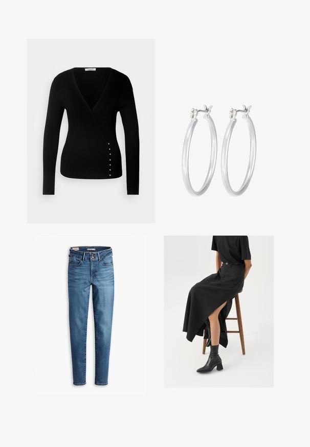 Schwarz geripptes Langarmoberteil mit tiefem V-Ausschnitt und dekorativen goldfarbenen Knöpfen an der linken Seite. Weicher, figurbetonter Stoff.; Hochtaillierte, schmale Jeans aus hellblauem Denim. Verfügt über fünf Taschen, einen vorderen Knopfverschluss und klassische Nähdetails.; Schwarzer Leinen-Maxi-Rock mit hohem Schlitz, getragen mit einem schwarzen T-Shirt und schwarzen Knöchelstiefeln. Minimalistisches Design mit lockerer Passform.; Silberne Creolen mit einer glatten, polierten Oberfläche. Runder Form und sicherem Klickverschluss. Leichtes Design, geeignet für den täglichen Gebrauch.
