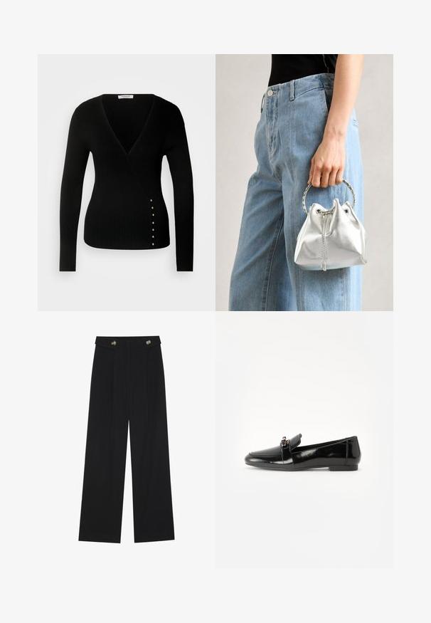 Black ribbed long-sleeve top with a deep V-neck and decorative gold-tone buttons along the left side. Soft, fitted fabric.; Black wide-leg trousers with high waist, button details on waistband, and front pleats.; Black patent leather loafer with a flat sole, rounded toe, and a decorative strap featuring a gold-tone accent. Smooth, shiny finish.; Metallic silver bucket bag with a textured finish, adorned with a silver round handle and drawstring closure, held against light blue jeans.