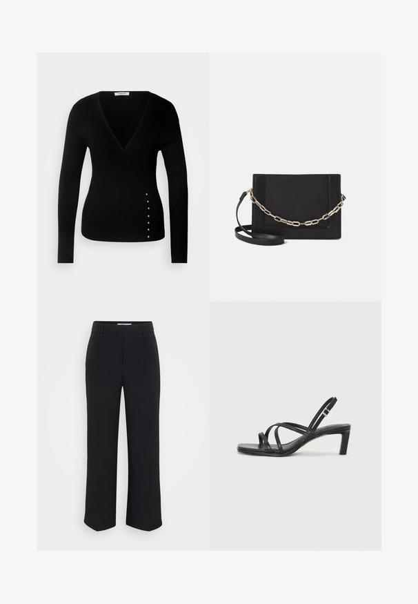 Schwarz geripptes Langarmoberteil mit tiefem V-Ausschnitt und dekorativen goldfarbenen Knöpfen an der linken Seite. Weicher, figurbetonter Stoff.; Schwarze weite Hosen mit glatter Textur, ausgestattet mit einem flachen Bund und seitlichen Taschen, entworfen mit einer minimalistischen Ästhetik.; Schwarze Sandale mit Riemchen, quadratischer Zehenform und niedrigem Blockabsatz. Verfügt über mehrere dünne Riemen und einen verstellbaren Knöchelriemen. Hergestellt aus glattem Leder.; Schwarze Leder-Crossbody-Tasche mit glatter Textur, rechteckiger Form und metallic-kettendetail auf der Vorderseite. Verstellbarer Gurt inklusive.