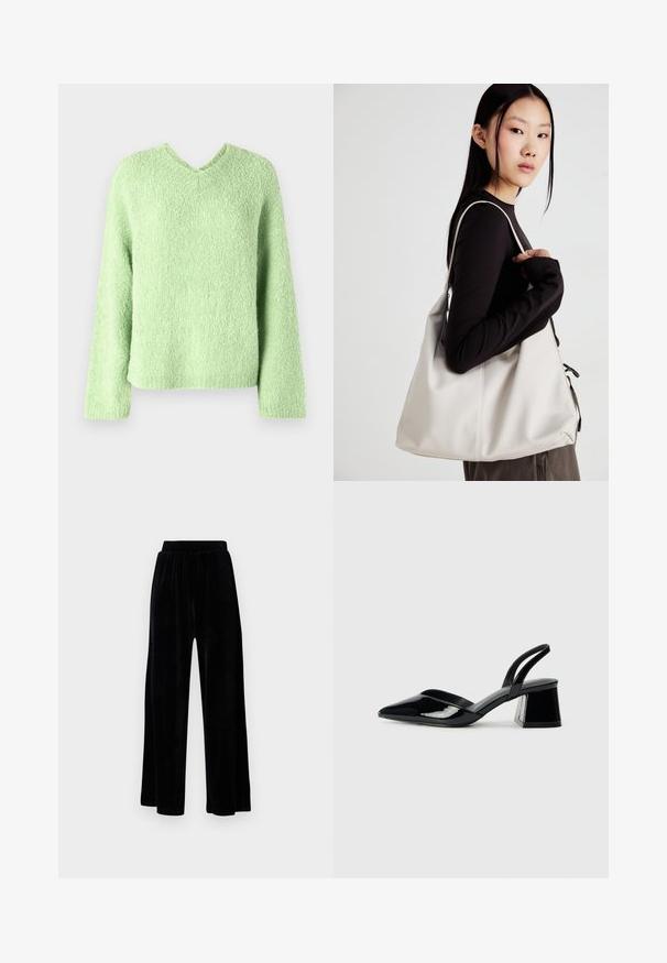 Suéter verde-claro, texturizado, com decote em V, mangas longas e um corte descontraído. O tecido apresenta uma aparência suave e felpuda.; Calças largas pretas feitas de veludo suave, com um cós elástico e uma textura lisa, sem detalhes ou padrões visíveis.; Sandy em verniz preto com salto slingback, ponta afilada e salto geométrico. Apresenta um design elegante e minimalista com textura suave.; Uma bolsa bege feita de material macio, com um design descontraído, detalhes de costura e duas alças para o ombro. Adequada para uso diário.