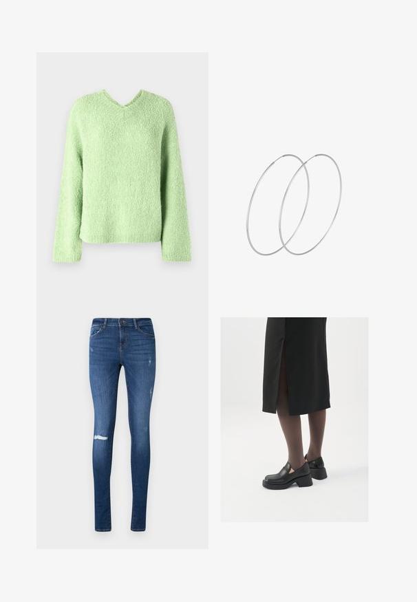 Hele roheline, tekstuuriga sviiter V-kaelusega, pikade varrukatega ja lõdva lõikega. Kangas näeb välja pehme ja kohevam.; Kitsas lõige, tumedatest sinistest teksapükstest, millel on pleekinud pesu, kahjustatud põlv ja viie taskuga disain. Valmistatud kergelt venivast denimist.; Mustad mustad jalatsid ümmarguse varbaga, paksu plokkniidi ja elastsete külgdetailidega, kombineeritud tumedate sukkade ja musta lõhikuga seelikuga.; Hõbedased rõngastikkaehingad minimalistlikus disainis. Ümar kuju, sile tekstuur ja õhuke profiil. Kerged ning poleeritud viimistlusega.
