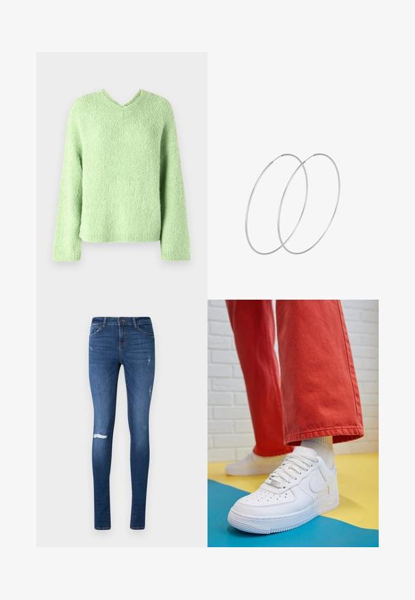 Light green, textured sweater with a v-neck, long sleeves, and a relaxed fit. Fabric shows a soft, fluffy appearance.; Skinny fit, dark blue jeans with a faded wash, distressed knee, and five-pocket design. Made from denim with a slight stretch.; White leather sneaker with perforated toe box, textured sole, and white laces, paired with wide red pants and a blue and yellow background.; Silver hoop earrings with a minimalist design. Circular shape, smooth texture, and thin profile. Lightweight with a polished finish.