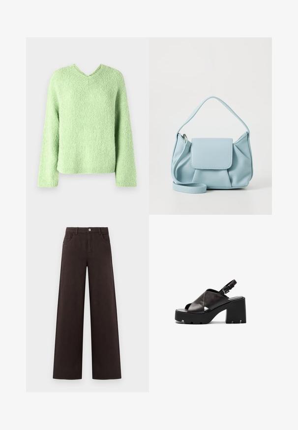 Helles grünes, strukturiertes Sweatshirt mit V-Ausschnitt, langen Ärmeln und lockerer Passform. Der Stoff hat ein weiches, flauschiges Aussehen.; Weite Hosen aus braunem Baumwollstoff. Mit einem Knopfverschluss und Fronttaschen, aus einem glatten Material mit klaren Linien.; Schwarze Leder-Sandaletten mit hohem Absatz, klobigem Plateau, Kreuzsattel-Design, verstellbarem Schnallenverschluss und strukturiertem Sohlenbelag.; Hellblaues Lederhandtasche mit einem oberen Griff, einer vorderen Klappen-Tasche und einem abnehmbaren Handgelenkriemen auf einem weißen Hintergrund.