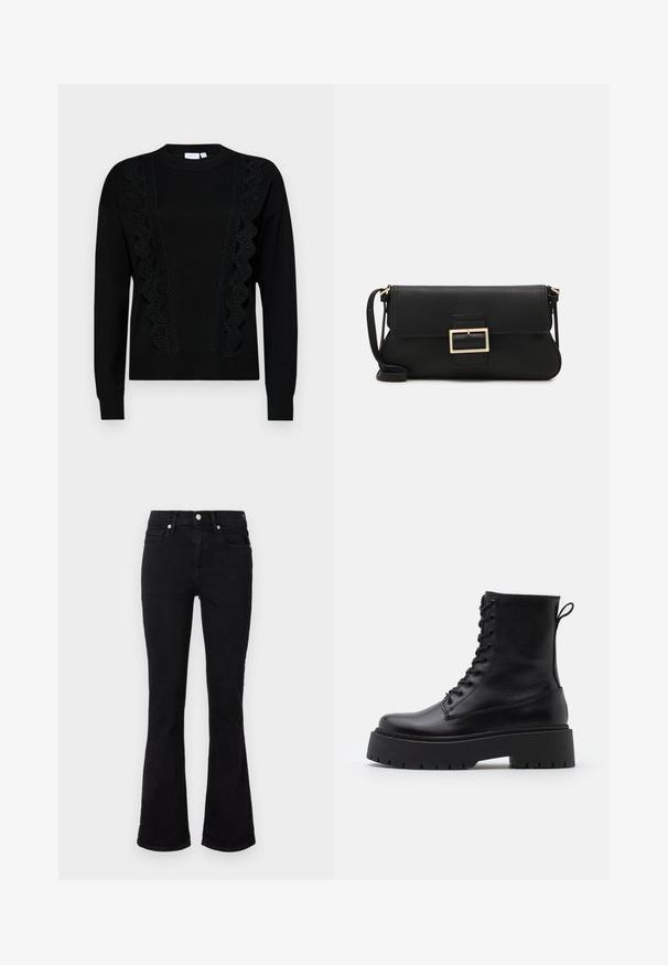 Črna pulover iz mehkega materiala z čipkastimi detajli spredaj in na rokavih, rebrastimi manšetami in robom ter okroglo ovratnico.; Črne široke kavbojke iz denima, z višjim pasom, sprednjimi žepi in gumbom za zapiranje. Gladka tekstura z minimalnimi šivi.; Črne usnjene gležnjarje z okroglo konico, vezalnim sprednjim delom in debelim gumijastim podplatom z teksturiranim profilom. Zanka na hrbtni strani.; Črna usnjena torbica na preklop z zlato kovinsko zaponko. Vključuje črn trak in eleganten, minimalističen dizajn.