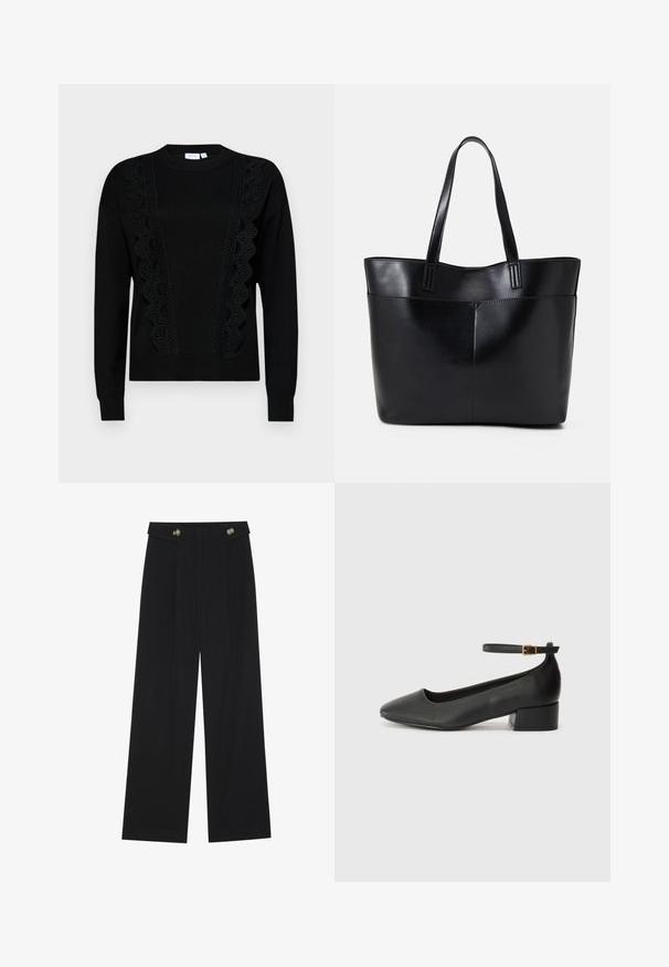 Črna pulover iz mehkega materiala z čipkastimi detajli spredaj in na rokavih, rebrastimi manšetami in robom ter okroglo ovratnico.; Črne široke hlače s visokim pasom, gumbnimi detajli na pasu in sprednjimi gubami.; Črne usnjene pumpice z nazobčanimi prsti in nizko blokasto peto. Imajo trak okoli gležnja z zaponko v zlatem tonu. Gladka tekstura.; Črna usnjena torba z dvema dolgima ročajema, gladko teksturo in strukturirano obliko. Ima sprednji žep za dodatno shranjevanje.