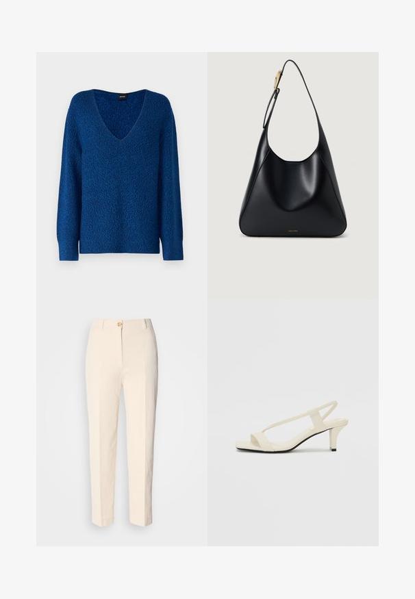 BOSS FUSONIA - Džemperis - blue; Krēma krāsas augstākā jostas līmeņa bikses, izgatavotas no teksturēta auduma. Tām ir aizdare priekšā ar pogu un sašaurināti kājām.; Beige bloku papēžu sandales ar plānām siksnām un kvadrāta formas purngalu. Gluda materiāla virsma ar minimālām detaļām, paredzētas ērtai nēsāšanai.; Melnas ādas plecu soma ar gludu tekstūru, izliekta silueta un zelta aparatūru. Aprīkota ar debumpētu zīmola logotipu apakšā.