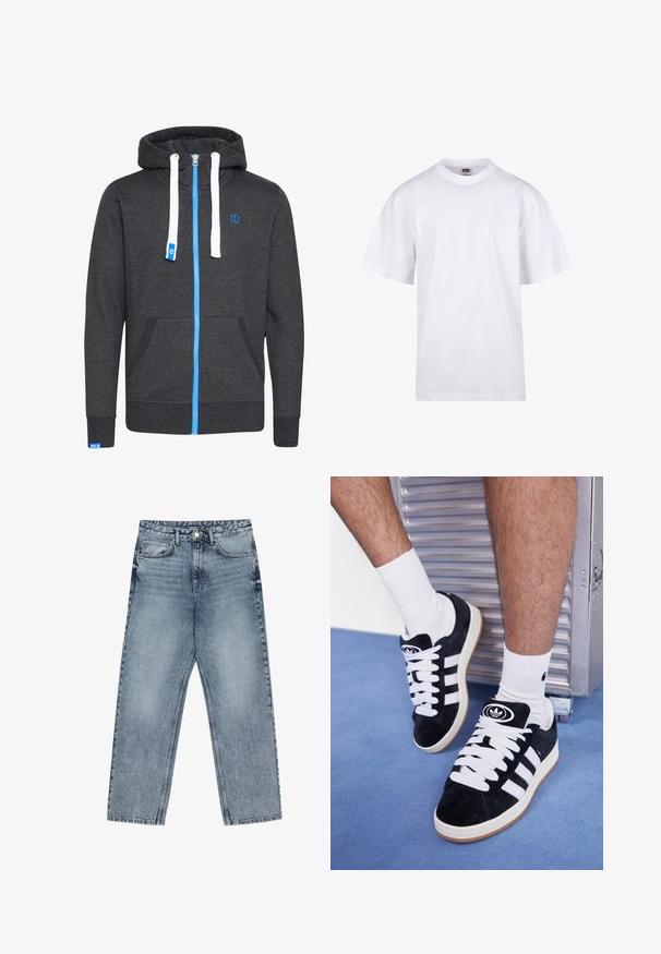 Hoodie zippé gris avec cordons blancs, fermeture éclair bleue et logo. Dispose de poches avant et de poignets et ourlet à côtes. Fabriqué à partir d'un tissu texturé.; T-shirt en coton blanc avec un col rond, des manches courtes et une coupe décontractée. Présente un design uni sans motifs ni accents.; Jean en denim bleu clair avec une coupe droite, couture visible, design à cinq poches et fermeture à bouton à la taille.; Baskets en suede noir avec des lacets blancs et trois rayures blanches. Présente un logo circulaire noir sur la languette et une semelle en caoutchouc beige.