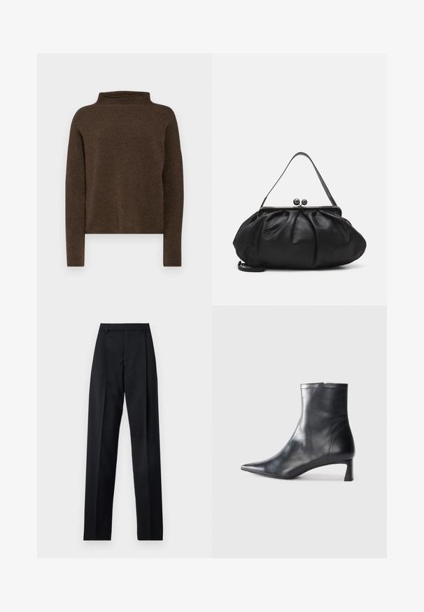 Brązowy sweter z podwyższonym kołnierzem, wykonany z miękkiej, teksturowanej tkaniny. Posiada długie rękawy i luźny krój z obniżonymi szwami na ramionach.; Czarne spodnie wykonane z gładkiego materiału, z wysokim stanem, szerokimi nogawkami, fałdami z przodu i klasycznymi szlufkami na pasek. Brak widocznych kieszeni bocznych.; Czarne skórzane botki sięgające kostki z ostrym noskiem i eleganckim designem. Posiadają niski obcas oraz zamek błyskawiczny z tyłu. Gładka faktura.; Czarna skórzana torebka o zaokrąglonym, plisowanym wzorze. Posiada metalowy zamek z dwoma dekoracyjnymi kulkami oraz smukły, odpinany pasek.