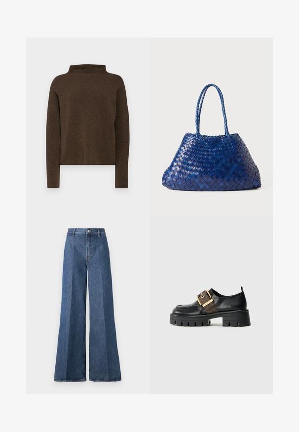 Brauner Pullover mit Mock-Neck aus weichem, texturiertem Stoff. Verfügt über lange Ärmel und einen lockeren Schnitt mit gesenkten Schulternähten.; Weite blaue Jeans mit hoher Taille, im klassischen Five-Pocket-Stil und mit Knopfverschluss, aus strukturierter Baumwollstoff gefertigt.; Schwarzer Lederschuh mit einem massiven Sohlen, ausgestattet mit einem goldenen Schnallenriemen und einem strukturierten braunen Akzent. Abgerundete Spitze und minimalistisches Design.; Geflochtene blaue Leder-Tote mit zwei geflochtenen Griffen, die eine lässige, winklige Form und eine texturierte Oberfläche aufweist.