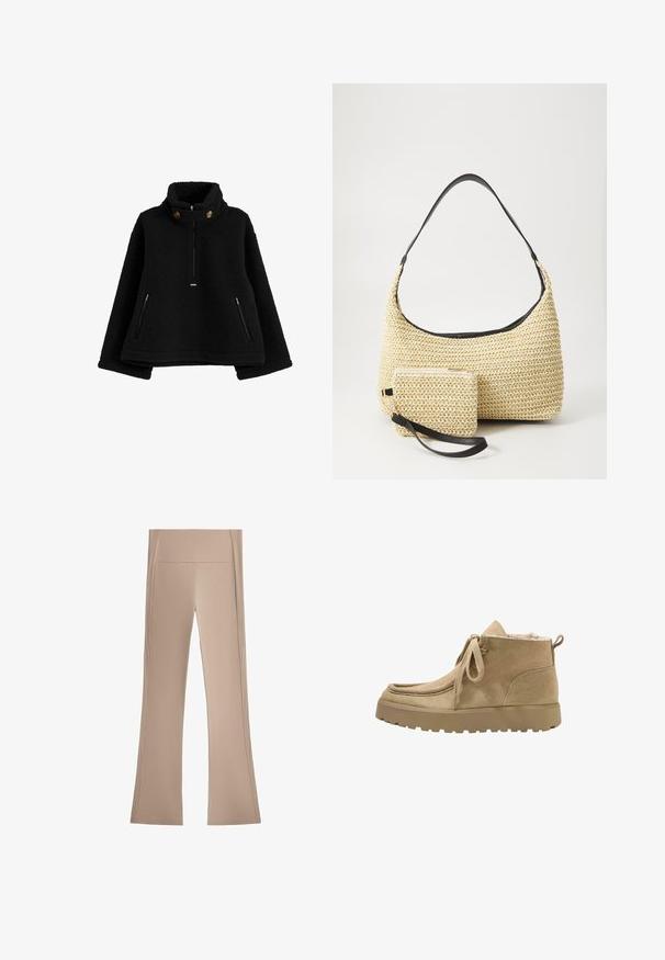 Pulover din fleece negru cu guler înalt, fermoar în față și două buzunare laterale cu fermoar; prezintă nasturi rotunzi pe guler.; Pantaloni bej evazați cu talie înaltă, confecționați dintr-un material neted și elastic. Prezintă detalii ribbed verticale pe laterale.; Bocanci de gleznă din suede bej cu vârf rotund, design cu șireturi, căptușeală moale și o talpă groasă din cauciuc cu un model texturat.; Geantă din paie țesută, cu o siluetă curbată, având o curea din piele neagră netedă și un plic mic asortat, atașat printr-un breloc pentru încheietură.