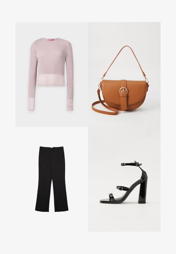 Rebrasta dugos sleeves cropped džemper u mekoj ružičastoj boji s okruglim izrezom i blago prozirnim rukavima, featuring oznaku branda u kontrastnoj crvenoj boji.; Crne hlače ravnog kroja, s prednjim džepovima i bočnim prorezima na rubu. Izrađene od mekog i glatkog materijala. Pogodne za razne prigode.; Crne lakirane sandale na visoku petu s dva remena s kopčama, kvadratnim vrhom i masivnom blok petom, s glatkom, sjajnom teksturom.; Smeđa kožna torba preko tijela s zakrivljenim oblikom, zlatnim metalnim detaljima i naglaskom na kopču. Ima odvojivu naramenicu.