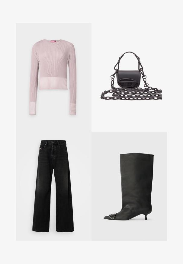 Rebrasta dolgi rokav skrajšana pulover v mehki roza barvi z okroglim izrezom in rahlo prozornimi manšetami, s kontrastno rdečo blagovno oznako.; Široke črne denim hlače z visokim pasom, ki imajo zaponko, sprednje žepe in obrabljen videz.; Črne usnjene gležnjarje s koničastim nosom, majhno peto in kovinskim poudarkom na nosu. Gladka, mat tekstura po celotni površini.; Majhna črna ročna torbica iz gladke usnje, s zaobljeno obliko, logotipom na sprednji strani in strukturiranim verižnim ročajem.