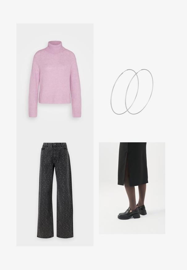 Mos Mosh THORA ROLLNECK - Stickad tröja - lavender herb; Noisy May NMJANNEL LOOSE - Jeans relaxed fit - black denim; Svarta läderskor med rund tå, tjock klack utan häl och elastiska sidodetaljer, kombinerat med mörka strumpbyxor och en svart kjol med slits.; Silverfärgade hoopörhängen med en minimalistisk design. Cirkulär form, slät yta och tunn profil. Lätta med en polerad finish.