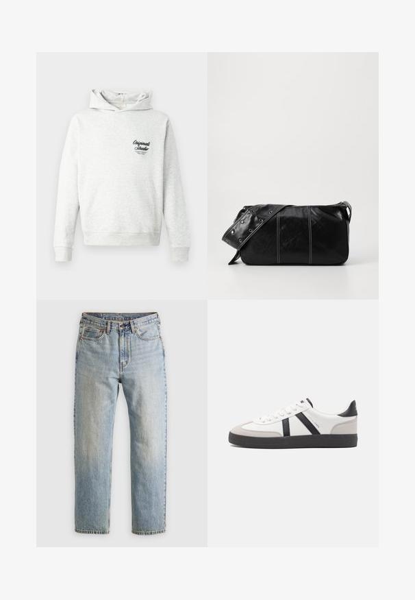 Harmaa huppari pehmeästä kankaasta, jossa on etutasku, ribbauskiristimet ja rinnassa brodeerattu "Originals Studio" -logo.; Vaaleansininen farkut, joissa on korkea vyötärö, etunappi, vetoketju ja viisi taskua, asetettu tasaisesti neutraalille taustalle.; Valkoiset lenkkarit mustilla ja harmailla yksityiskohdilla, joissa on teksturoitu harmaa kärki, musta kumipohja ja litteät valkoiset nauhat. Siisti muotoilu, minimalistinen tyyli.; Mustakulmainen nahkainen olkalaukku, jossa on vetoketjukiinnitys, teksturoitu pinta, valkoiset ompeleet ja hihna, jossa on hopeiset niitit.