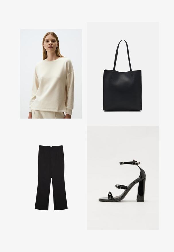 Kremowy sweatshirt, miękka bawełniana tkanina, luźny krój, okrągły dekolt, opuszczone ramiona, rozcięcia po bokach na dole, minimalistyczny design.; Czarne spodnie o prostym kroju, z przednimi kieszeniami i bocznymi rozcięciami na dole. Wykonane z miękkiego, gładkiego materiału. Odpowiednie na różne okazje.; Czarne lakierowane sandały na wysokim obcasie, z dwoma paskami zapinanymi na klamry, kwadratowy nosek i masywny obcas typu słupek, o gładkiej, błyszczącej fakturze.; Czarna skórzana torba tote o gładkiej fakturze, prostokątnym kształcie i dwóch długich uchwytach. Brak widocznych elementów metalowych i ozdób.