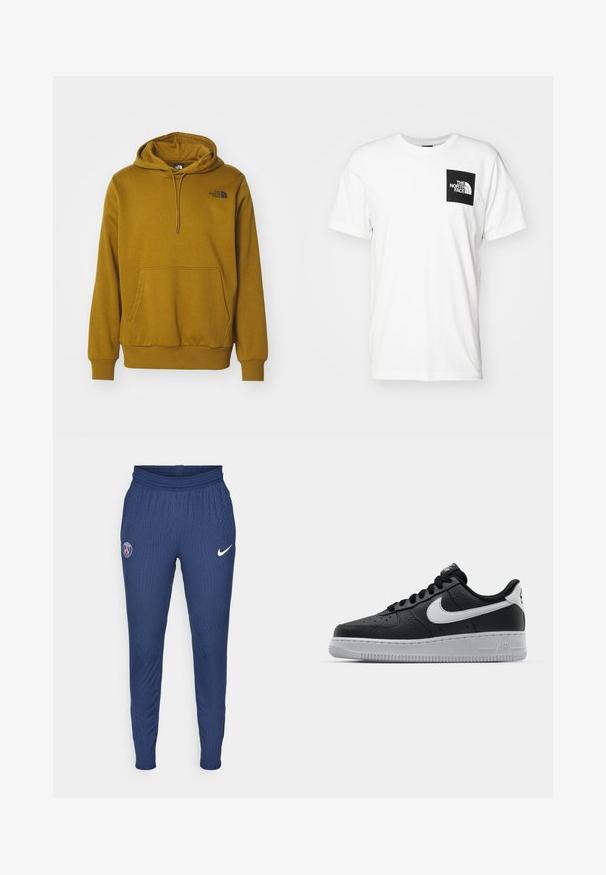 The North Face HOOD LOGO - Felpa con cappuccio - moss green; T-shirt bianca in cotone con taschino quadrato nero e logo "The North Face" in bianco. Maniche corte e design a girocollo.; Pantaloni sportivi navy realizzati in tessuto testurizzato con logo Parigi sulla coscia sinistra e swoosh Nike bianco sulla destra.; Sneaker in pelle nera con superficie texture, baffo Nike bianco, suola grigia, punta rotonda e design con lacci. Presenta delle perforazioni sulla punta.