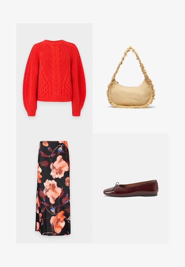 Pull en maille rouge avec des motifs texturés, un col rond et un ourlet côtelé. Conçu avec de longues manches légèrement bouffantes.; Jupe midi fleurie avec un fond noir et de grandes fleurs aquarelle orange et bleues ; tissu lisse avec un léger éclat.; Ballerines en cuir verni bordeaux avec un bout rond, un petit nœud décoratif à l'avant et une semelle en caoutchouc noire basse. Texture lisse.; Sac beige texturé de forme arrondie, avec un bord effiloché tout le long des bords et une courte sangle pour le porter. Ouverture zippée en haut.