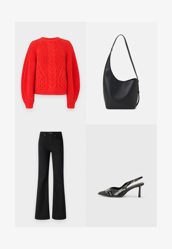 Červený sveter s pleteným vzorom, s textúrovanými vzormi, okrúhlym výstrihom a rebrovaným lemom. Navrhnutý s dlhými, mierne naberanými rukávmi.; Čierne rozšírené džínsy z denimu s vysokým pásom, obsahujúce päť vreciek, predný gombík a zips, hladká textura.; Čierne lakované kožené slingback topánky s špicatou špičkou, remienkami okolo členku s striebornými prackami a hardvérom, a štíhlým podpätkom.; Čierna kožená hobo taška so hladkou textúrou, zakriveným tvarom a jedným nastaviteľným popruhom; má široké otvorenie na vrchu.