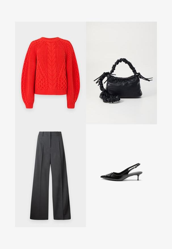 Sarkans adīts džemperis ar teksturētiem rakstiem, apaļu kakla izgriezumu un ribotu apakšmali. Izstrādāts ar garām, nedaudz izpūstām piedurknēm.; Platās kājas bikses tumši pelēkā audumā, ar augstu jostasvietu, ar vienu uzpūstu vīli un gludu tekstūru ar tīru apdari ap malām.; Melni ādas sandales ar norādītu pirkstu, mazu kaķa papēdi un dekoratīvu mezglu detaļu priekšā. Gluda tekstūra visā virsmā.; Melnā mākslīgās ādas rokassoma ar krokodila rakstu, savilkta augšdaļa un saburzīta siksna. Izskatās mīksta un kompakta pēc dizaina.