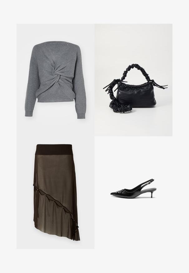 Sivi pleteni pulover s dizajnom uvrnutog prednjeg dijela, V-izrezom, dugim rukavima i rebrastom teksturom. Mekani materijal, skraćena dužina.; Crna mrežasta suknja s prilagođenim pojasom, asimetričnim rubom, dekorativnim gumbima duž prednje strane i slojevitom prozirnom teksturom.; Crne kožne sandale na petu s ikkrenim nosom, malom kitten petom i dekorativnom mašnom sprijeda. Glatka tekstura svuda.; Crna torba od umjetne kože s teksturom krokodila, s cinčanim vrhom i naboranom trakom. Izgleda mekano i kompaktno u dizajnu.