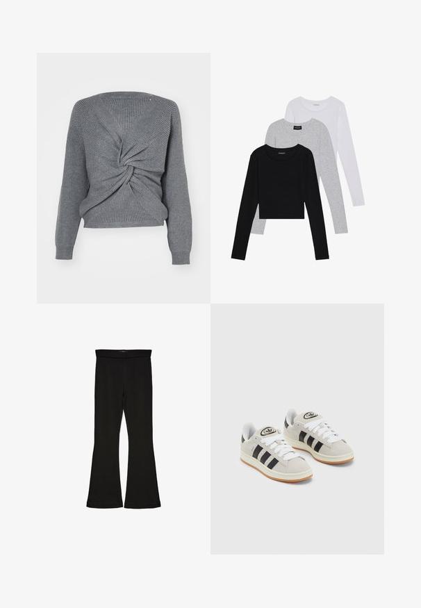 Pelēks adīts džemperis ar savīto priekšpusi, V-veida kakla izgriezumu, garām piedurknēm un ribotu tekstūru. Mīksts materiāls, īsas garuma.; Trīs garām piedurknēm veidotas augšdaļas, sakrautās: melna, pelēka un balta. Katram ir noapaļots kakla izgriezums un īsa dizaina forma ar gludu, vieglu audumu.; Melnas flared leggings, kas izgatavotas no stiepjama auduma. Iezīmējas ar platu jostasvietu un gludu tekstūru, ar pieguļošu siluetu, kas paplašinās pie apakšmalas.; Pelēkas zamšādas kedas ar baltām saites, melnām svītrām un baltu gumijas zoli. Raksturīga apļa logo uz mēles un gumijas zole.