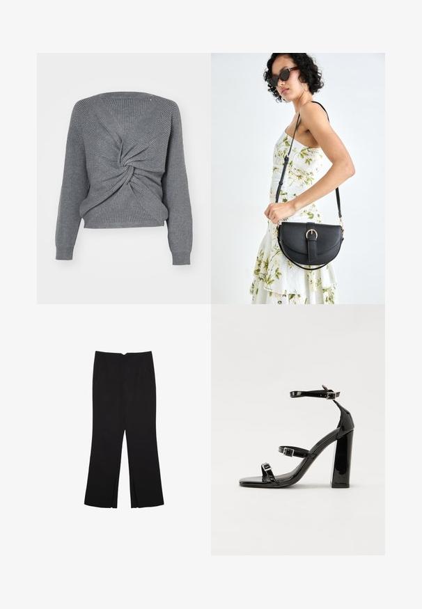 Harmaa neulepusero, jossa on kierteinen etusuunnittelu, V-pääntie, pitkät hihat ja ribbitekstuuri. Pehmeä materiaali, lyhyt malli.; Mustat housut suoralinjaisella leikkauksella, joissa on etutaskut ja sivurei'ät helman alla. Valmistettu pehmeästä ja sileästä kankaasta. Sopii eri tilaisuuksiin.; Musta kiiltävä korkokenkä sandaalit neliönmuotoisella varpaalla, nilkkaremmillä ja hopeisilla soljilla. Varustettu tukevalla lohkokorkealla vakauden takaamiseksi.; Musta nahkainen käsilaukku, joka on kaareva muotoilultaan, irrotettavalla hihnalla ja kultaisilla yksityiskohdilla. Laukussa on läppä, jossa on solk yksityiskohta.