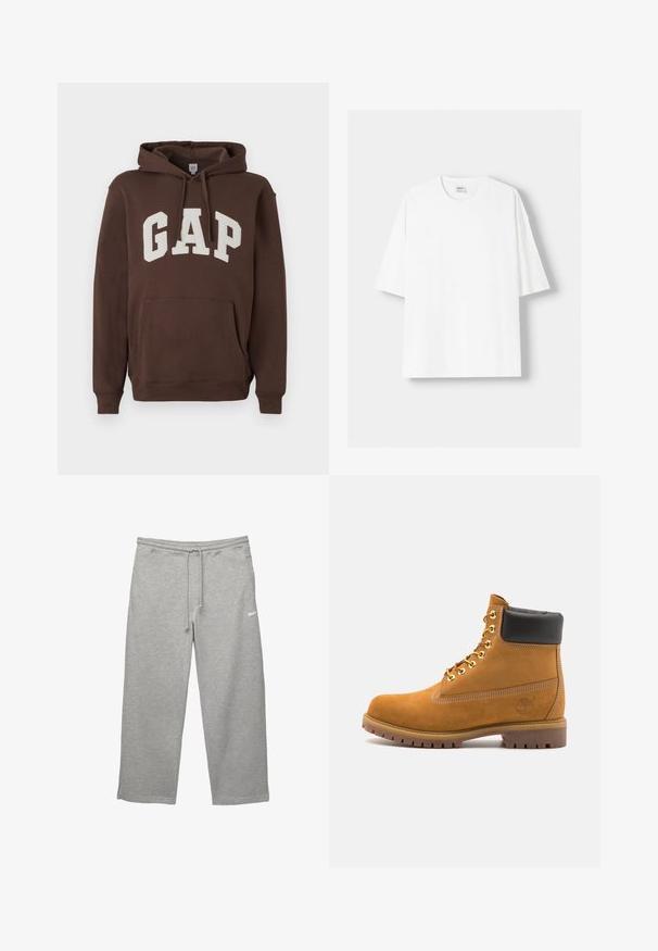 Brązowa bluza z kapturem z logo "GAP" w białym kolorze, z przednią kieszenią, kapturem ze sznurkiem oraz ściągaczami na mankietach i dolnej krawędzi. Miękka tekstura materiału.; Biała koszulka z krótkim rękawem wykonana z bawełny, z okrągłym dekoltem i luźnym krojem. Gładka faktura, bez widocznych wzorów lub akcentów.; Szare dresy wykonane z miękkiego materiału, z elastycznym pasem, regulowanym sznurkiem i bocznymi kieszeniami. Posiadają małe białe logo.; Beżowe zamszowe botki sięgające kostki z czarną wyściełaną krawędzią, złotymi oczkami, białymi detalami szycia oraz wytrzymałą gumową podeszwą z wyraźnym bieżnikiem.