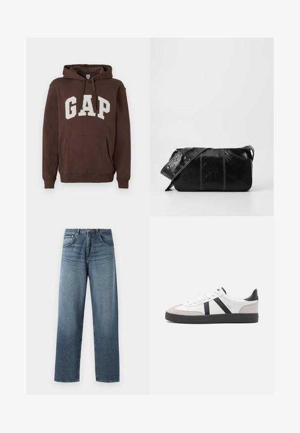 Hnedá mikina s kapucňou so znakom "GAP" v bielej farbe, s prednou vreckom, šnúrkami na kapucni a rebrovanými manžetami a lemom. Mäkkučká textúra látky.; Džíny z modrej denimovej látky s rovným strihom a vyblednutým umývaním, s piatimi vreckami, kovovým gombíkom a pútkami na opasok. Pevná, stredne ťažká tkanina.; Biele tenisky s čiernymi a šedými akcentmi, s textúrovanou šedou špičkou, čiernou gumovou podrážkou a plochými bielymi šnúrkami. Čistý dizajn, minimalistický štýl.; Čierna kožená kabelka cez plece so zipsovým uzáverom, so štruktúrovaným telom, bielym prešívaním a popruhom so striebornými očkami.