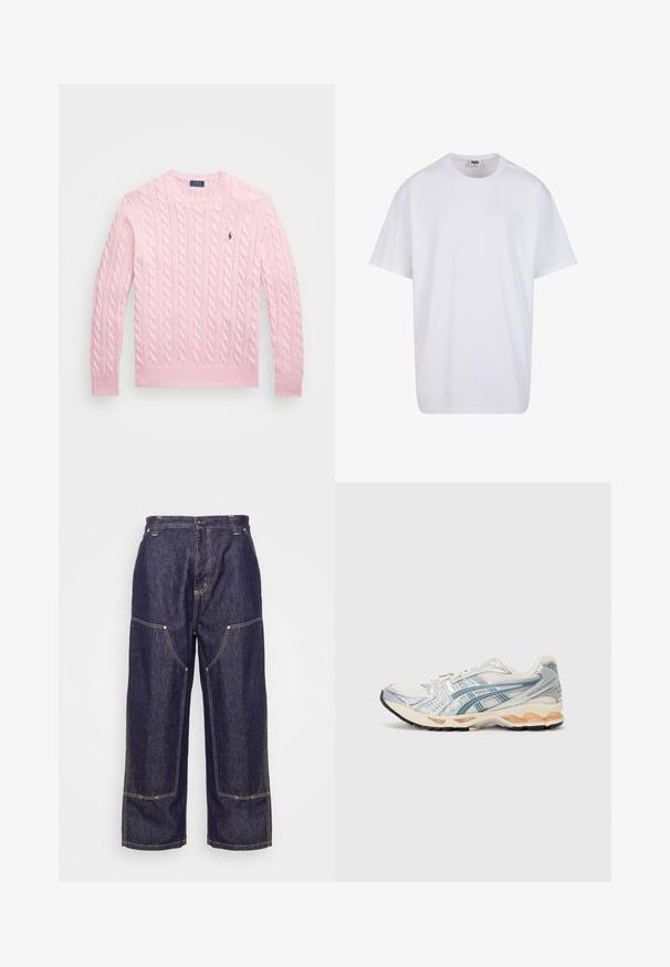 Polo Ralph Lauren Big & Tall CABLE KNIT COTTON JUMPER - Pulóver - carmel pink; Fehér pamut póló rövid ujjal, kerek nyakú, laza szabású, és nincsenek látható logók vagy minták. Simább textúra és minimalista dizájn.; Carhartt WIP NASH PANT SMITH - Laza szabású farmerek - blue rinsed; Futócipő, amely könnyű, hálós felsőrésszel rendelkezik ezüst és kék részletekkel, bézs párnázott középtalppal és tartós fekete gumitalppal.