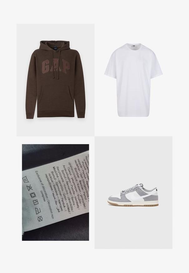 Felpa marrone con tasca a marsupio, cordini e logo "GAP" di un marrone più chiaro sul petto. Comoda miscela di cotone.; Maglietta bianca in cotone con maniche corte, scollatura rotonda, vestibilità comoda e senza loghi o motivi visibili. Texture liscia e design minimale.; Etichetta con testo multilingue, simboli di cura e icone di riciclo, stampata su un materiale morbido simile a stoffa di colore chiaro.; Sneaker grigia e bianca con tomaia in suede e pelle, punta arrotondata, lacci piatti e soletta in gomma con un accento color caramello.