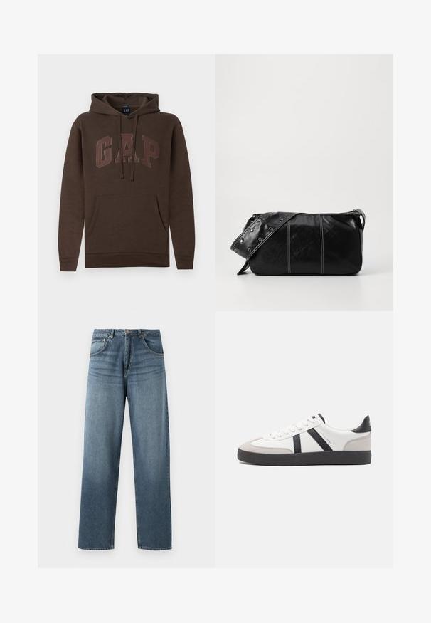 Brown hoodie featuring a kangaroo pocket, drawstrings, and "GAP" logo in a lighter brown shade across the chest. Comfortable cotton blend.; Straight-leg blue denim jeans with a faded wash, featuring five-pocket design, metal button, and belt loops. Structured, medium-weight fabric.; White sneaker with black and gray accents, featuring a textured gray toe cap, black rubber sole, and flat white laces. Clean design, minimalist style.; Black leather shoulder bag with a zip closure, featuring a textured body, white stitching, and a strap with silver grommets.